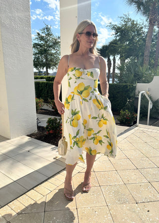 Linen Lemon Print Corset Midi Dress – Verte Boutique