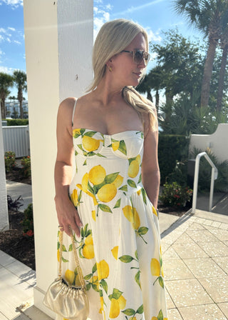 Linen Lemon Print Corset Midi Dress - Verte Boutique