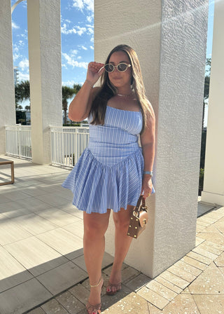Blue & White Striped Tie - Strap Mini Dress - Verte Boutique