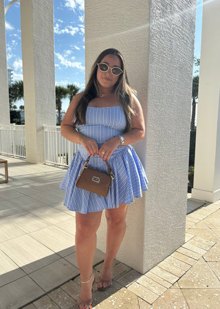 Blue & White Striped Tie - Strap Mini Dress - Verte Boutique