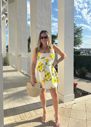 Linen - Blend Square Neck Lemon Print Mini Dress - Verte Boutique
