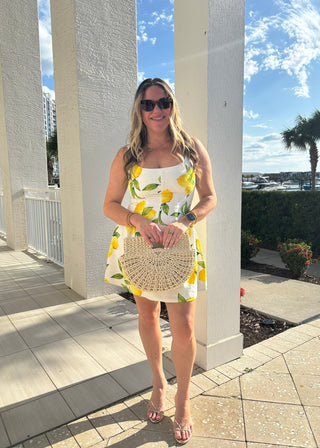 Linen - Blend Square Neck Lemon Print Mini Dress - Verte Boutique