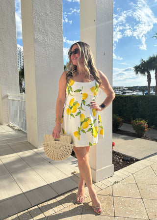 Linen - Blend Square Neck Lemon Print Mini Dress - Verte Boutique