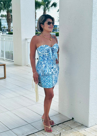 Blue Scarf Print Strapless Bow - Front Mini Dress - Verte Boutique