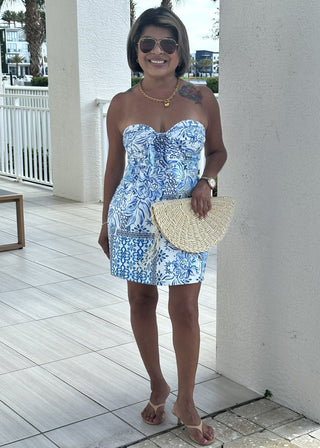 Blue Scarf Print Strapless Bow - Front Mini Dress - Verte Boutique