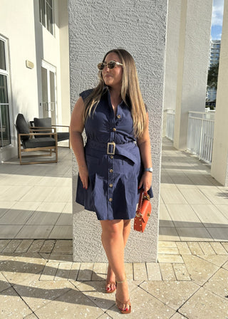 Navy Belted Sleeveless A-Line Shirt Dress Verte Boutique Navy Belted Sleeveless A-Line Shirt Dress Verte Boutique