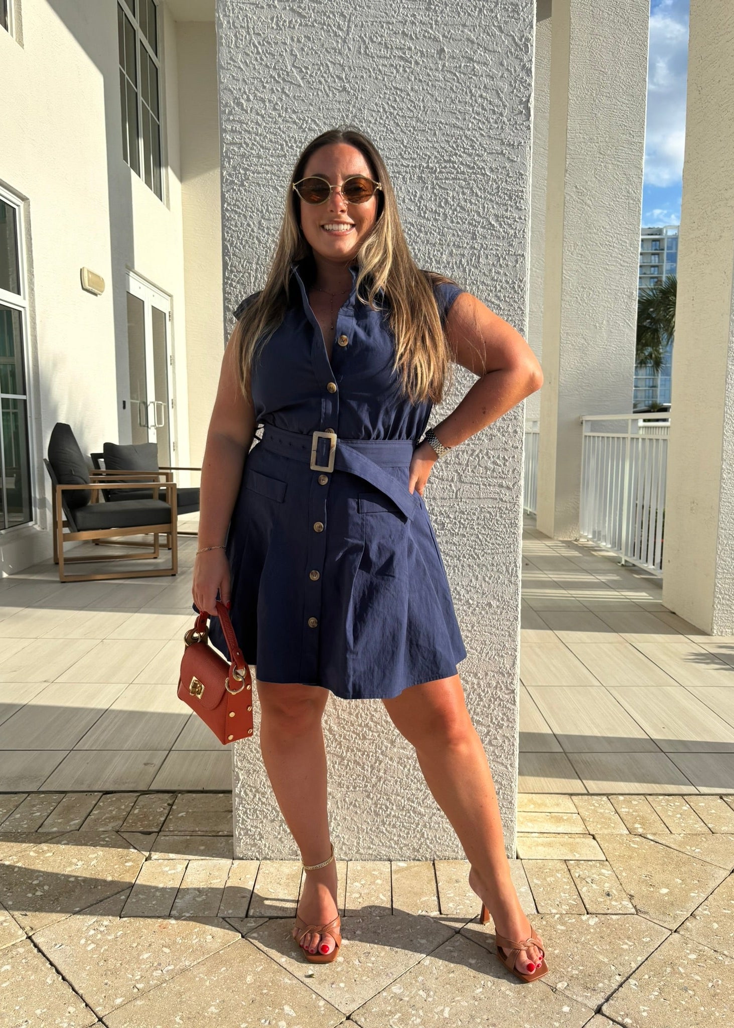 Navy Belted Sleeveless A-Line Shirt Dress Verte Boutique Navy Belted Sleeveless A-Line Shirt Dress Verte Boutique