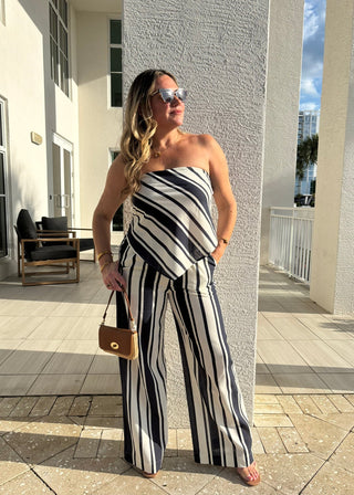 Coastal Blue Striped Linen Tube Top & Wide Leg Pant Set