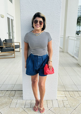 Navy & Cream Striped Boat Neck Top