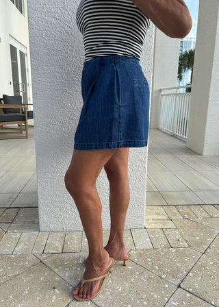High-Waisted Pleated Denim Shorts