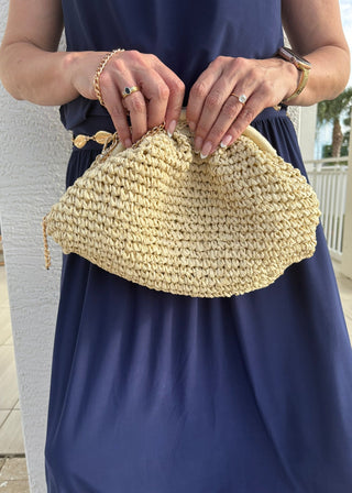 Isla Modern Woven Raffia Frame Shoulder Bag