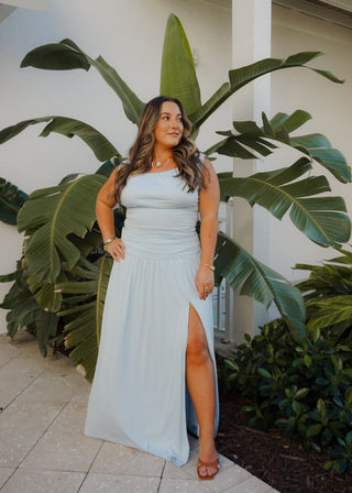 Sky Blue Ruched Maxi Skirt – Flattering High - Waist Side Slit - Verte Boutique