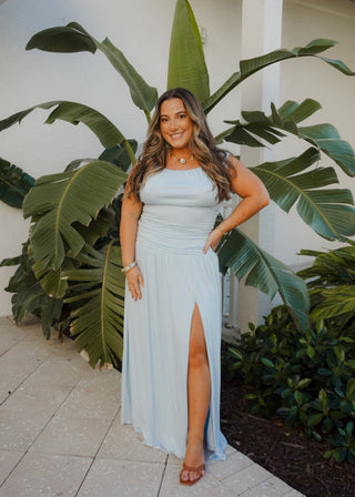 Sky Blue Ruched Maxi Skirt – Flattering High - Waist Side Slit - Verte Boutique