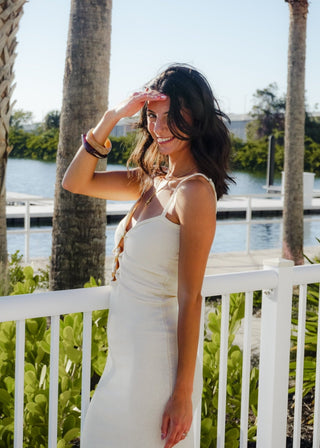Cream Cut - Out Knit Bodycon Midi Dress | Wood Bead Detail - Verte Boutique