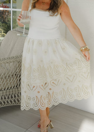 Sleeveless Sweater & Eyelet Embroidered Mixed - Media Midi Dress - Verte Boutique