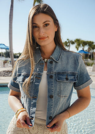 Medium Wash Cropped Short Sleeve Stretch Trucker Jacket - Verte Boutique
