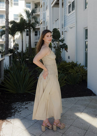 Khaki Smocked Cotton Drop Waist Maxi Dress - Verte Boutique