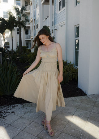 Khaki Smocked Cotton Drop Waist Maxi Dress - Verte Boutique