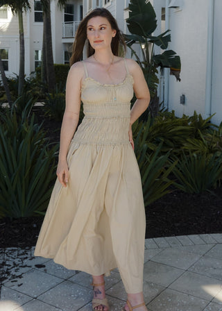 Khaki Smocked Cotton Drop Waist Maxi Dress - Verte Boutique