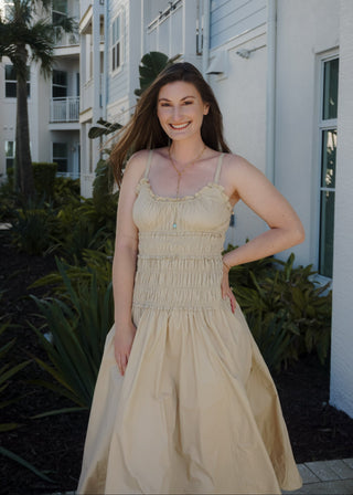 Khaki Smocked Cotton Drop Waist Maxi Dress - Verte Boutique