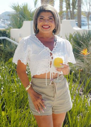 White Floral Eyelet Linen - Blend Tie - Front Crop Blouse - Verte Boutique