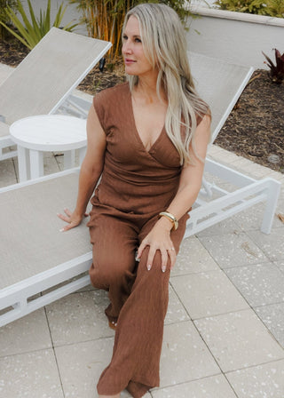 Luxe Textured Wrap Top & Wide - Leg Pant Set - Light Brown - Verte Boutique