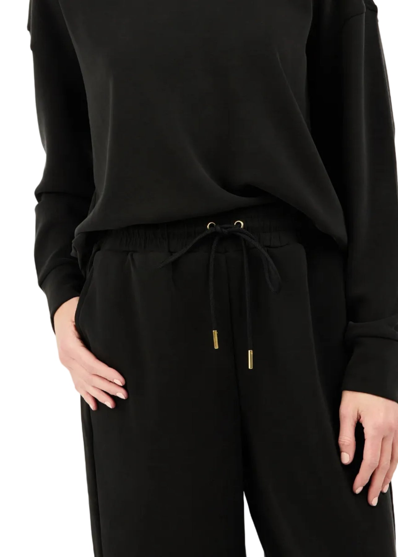 Black outfit with drawstring waist on a white background
