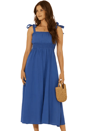 Linen Blend Blue Smocked Babydoll Midi Dress - Verte Boutique