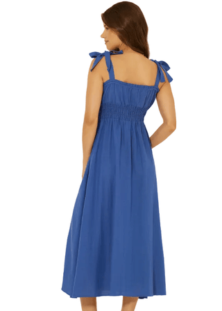 Linen Blend Blue Smocked Babydoll Midi Dress - Verte Boutique