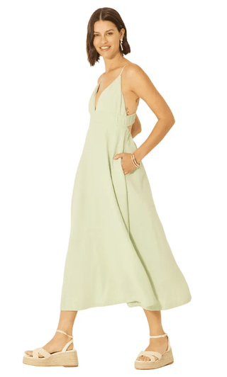 Open Back Smocked Midi Dress with Pockets - Verte Boutique
