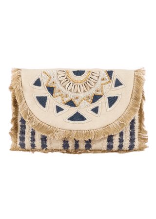 Boho Beaded Fringe Clutch Bag – Cream, Blue & Tan Statement Purse - Verte Boutique