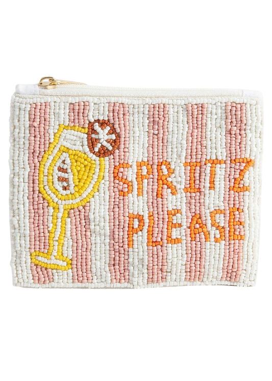 Beaded pouch with 'Spritz Please' text and champagne glass design on a white background