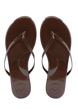 Pair of brown flip-flops on a white background