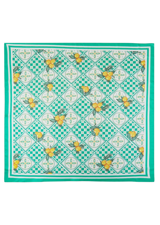 Green checkered scarf with yellow floral patterns on a white background