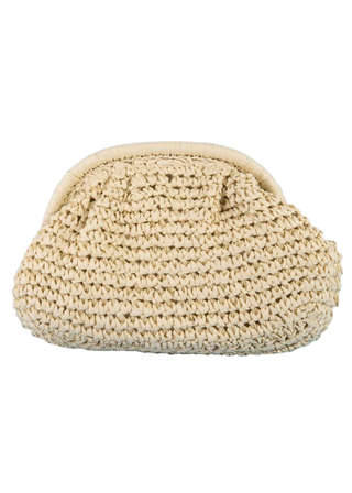 Beige woven clutch bag on a white background
