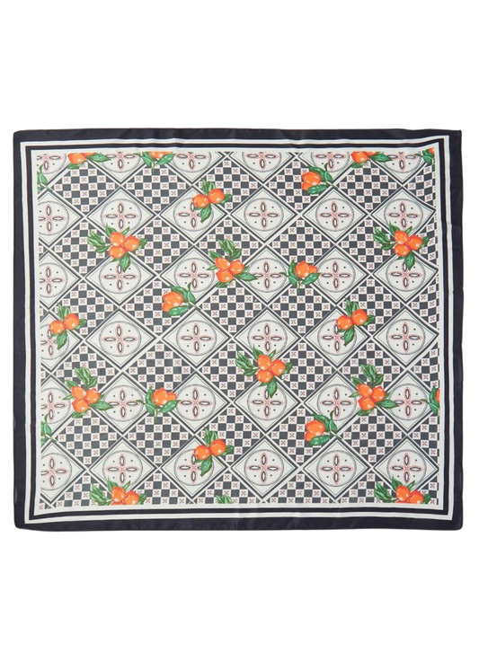 Floral patterned fabric square with black border on a white background