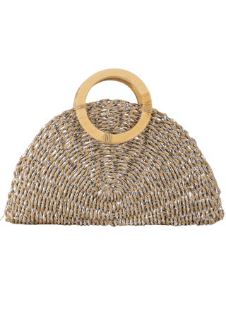 Metallic Shimmer Straw Half Moon Bag with Round Wooden Handle - Verte Boutique