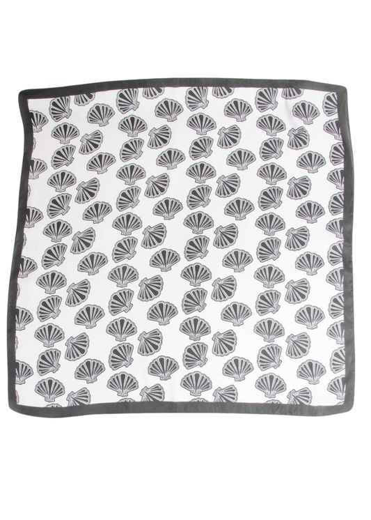 Coastal Seashell Satin Bandana Scarf: Black & White Silk-Feel Wrap