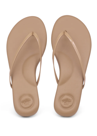 Pair of beige flip-flops on a white background