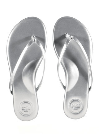 Silver Soléi Sea Slim Patent Vegan Leather Flip Flops with Arch Support - Verte Boutique