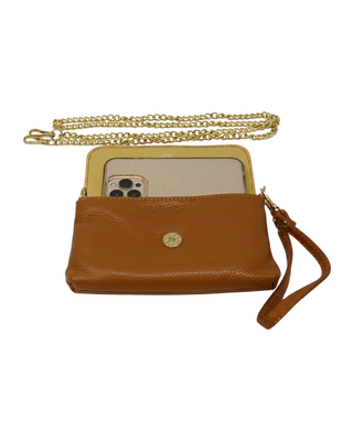 Brown leather wallet with gold chain and strap on a white background