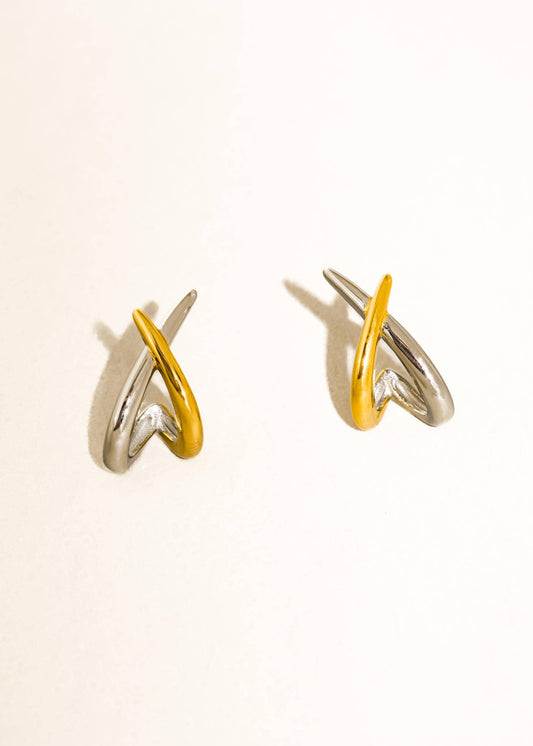 Pair of earrings with gold and silver design on a beige background