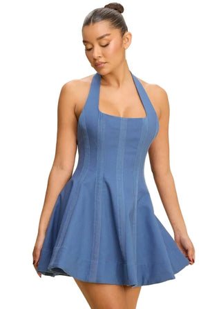 Indigo Skies Cotton - Linen Halter Fit & Flare Mini Dress - Verte Boutique
