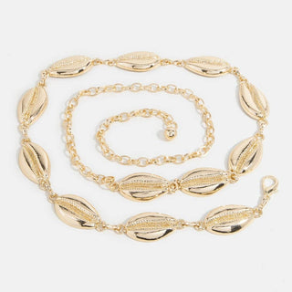 Gold necklace and bracelet set on a white background