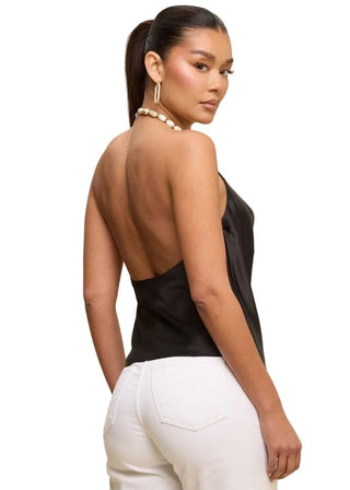 Midnight Black Satin Cowl Neck Top with Beaded Halter Strap - Verte Boutique