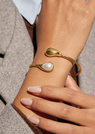 Harbor 18K Gold Non - Tarnish Cat Eye & Pearl Open Cuff Bracelet - Verte Boutique