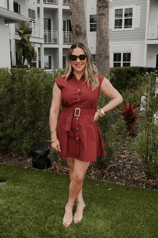 Belted Sleeveless A-Line Shirt Dress - Verte Boutique