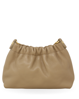 Beige handbag with gold accents on a white background