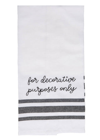 White towel with black text and stripes on a white background