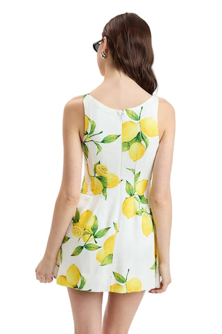 Linen - Blend Square Neck Lemon Print Mini Dress - Verte Boutique